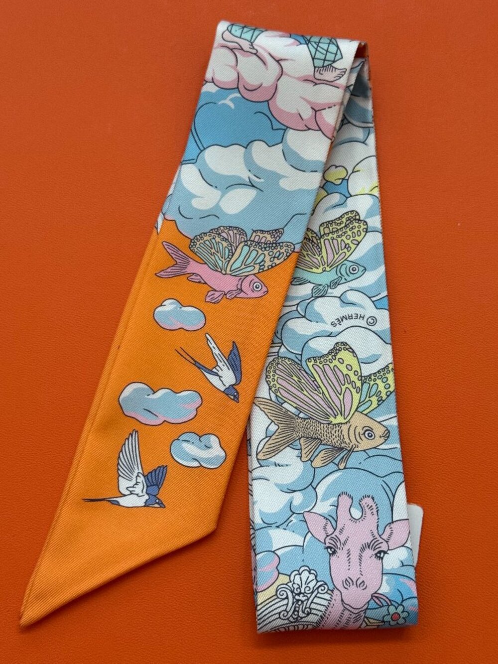 Hermes Twilly Sur Mon Nuage Orange Silk Scarf - Picture 5 of 6